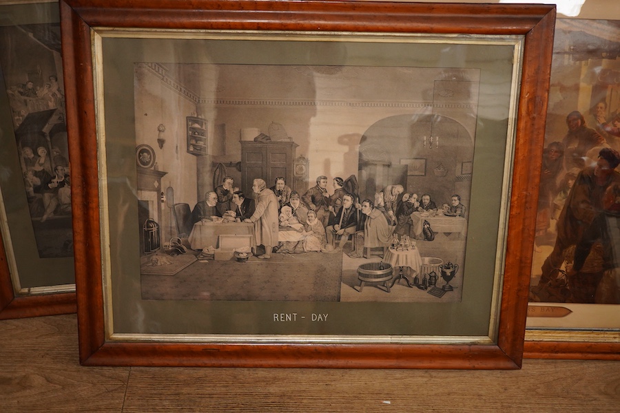 A set of three maple framed 19th century prints comprising 'Blind man's buff', 'Rent day' and 'The Village Festival' together with two others 'Day Dream' and 'Bound for Trafalgar Bay', largest 57 x 81cm
